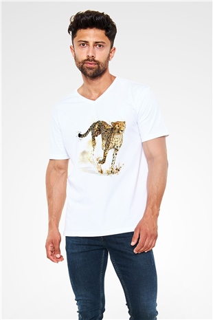 Çita Beyaz Unisex V Yaka Tişört
