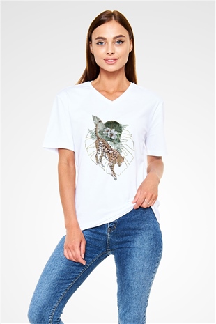 Çita Beyaz Unisex V Yaka Tişört