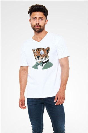 Çita Beyaz Unisex V Yaka Tişört T-Shirt
