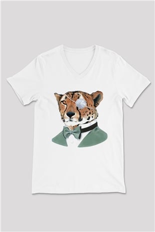 Çita Beyaz Unisex V Yaka Tişört T-Shirt