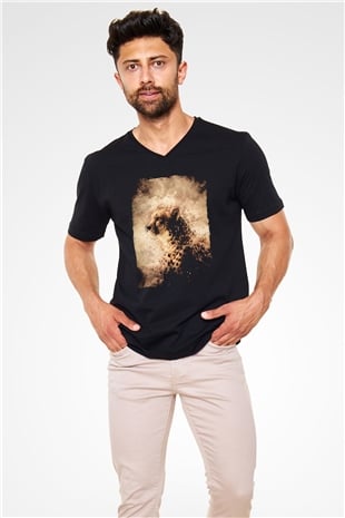 Çita Siyah Unisex V Yaka Tişört