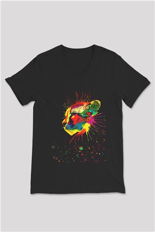 Çita Siyah Unisex V Yaka Tişört T-Shirt