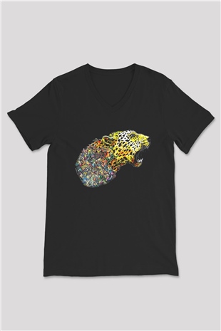 Çita Siyah Unisex V Yaka Tişört T-Shirt