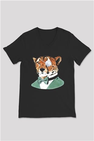 Çita Siyah Unisex V Yaka Tişört T-Shirt