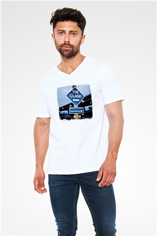 Clash (The) Baskılı Unisex Beyaz V Yaka Tişört