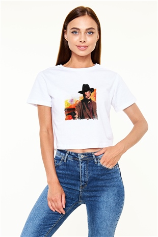 Clint Eastwood Baskılı Beyaz Kadın Crop Top Tişört