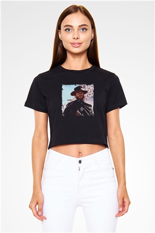 Clint Eastwood Baskılı Siyah Kadın Crop Top Tişört