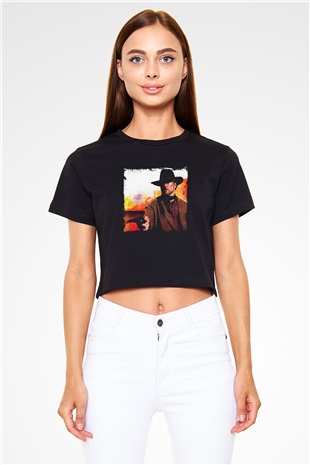 Clint Eastwood Baskılı Siyah Kadın Crop Top Tişört