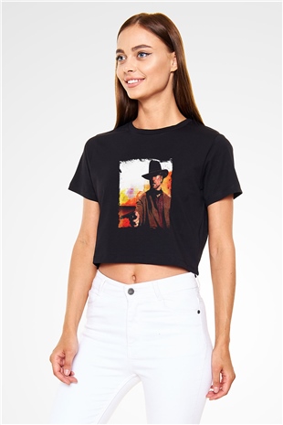 Clint Eastwood Baskılı Siyah Kadın Crop Top Tişört