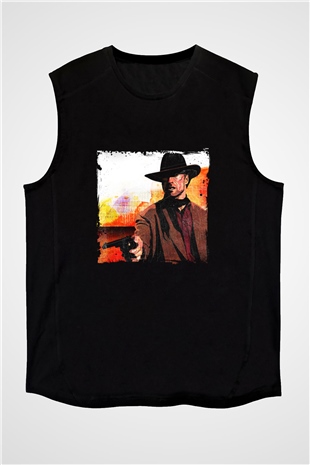 Clint Eastwood Baskılı Unisex Siyah Kolsuz Tişört