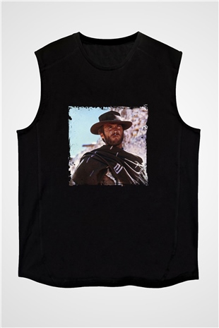 Clint Eastwood Baskılı Unisex Siyah Kolsuz Tişört