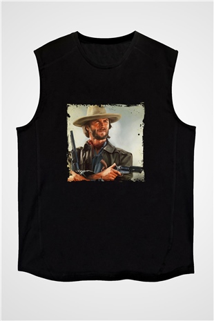 Clint Eastwood Baskılı Unisex Siyah Kolsuz Tişört