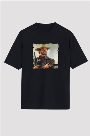 Clint Eastwood Baskılı Unisex Siyah Oversize Tişört