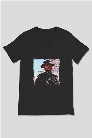 Clint Eastwood Baskılı Unisex Siyah V Yaka Tişört