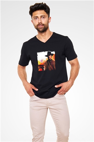 Clint Eastwood Baskılı Unisex Siyah V Yaka Tişört