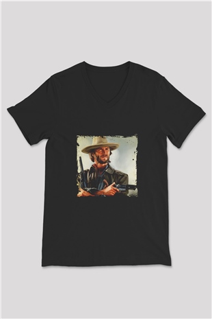Clint Eastwood Baskılı Unisex Siyah V Yaka Tişört