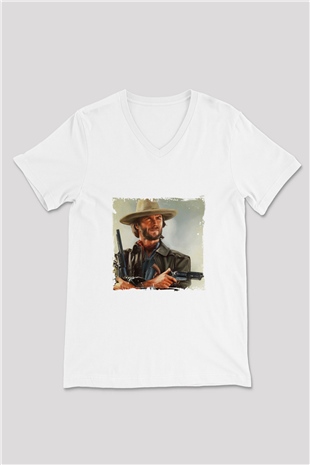 Clint Eastwood Baskılı V Yaka Unisex Beyaz Tişört