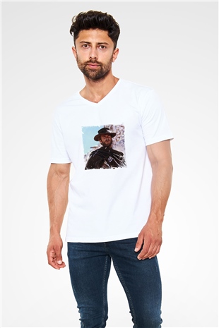Clint Eastwood Baskılı V Yaka Unisex Beyaz Tişört