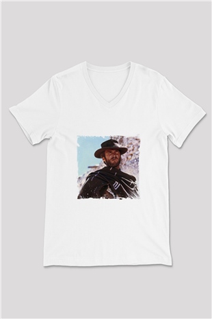 Clint Eastwood Baskılı V Yaka Unisex Beyaz Tişört