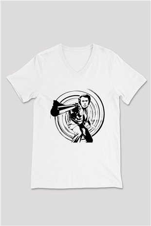 Clint Eastwood Beyaz Unisex V Yaka Tişört T-Shirt