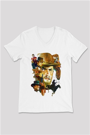 Clint Eastwood Beyaz Unisex V Yaka Tişört T-Shirt