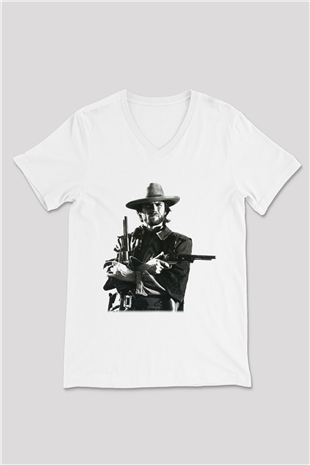 Clint Eastwood Beyaz Unisex V Yaka Tişört T-Shirt