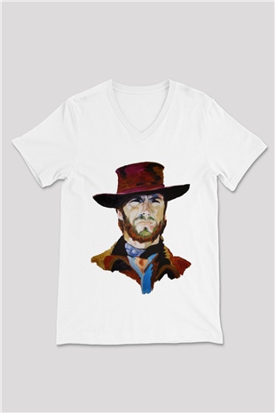 Clint Eastwood Beyaz Unisex V Yaka Tişört T-Shirt