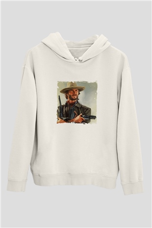 Clint Eastwood Unisex Baskılı Beyaz Kapüşonlu Sweatshirt