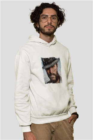 Clint Eastwood Unisex Baskılı Beyaz Kapüşonlu Sweatshirt
