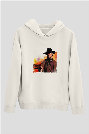 Clint Eastwood Unisex Baskılı Beyaz Kapüşonlu Sweatshirt