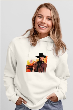Clint Eastwood Unisex Baskılı Beyaz Kapüşonlu Sweatshirt
