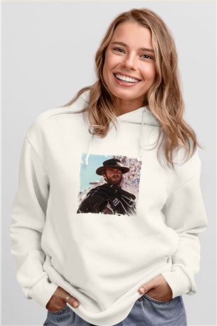 Clint Eastwood Unisex Baskılı Beyaz Kapüşonlu Sweatshirt