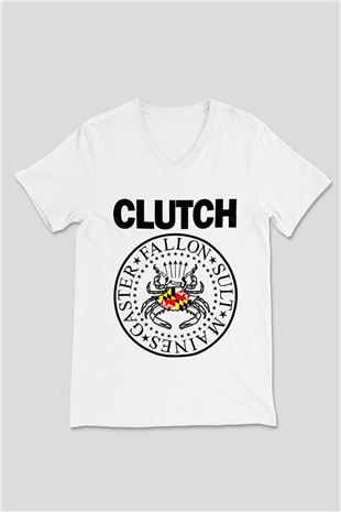 Clutch Beyaz Unisex V Yaka Tişört