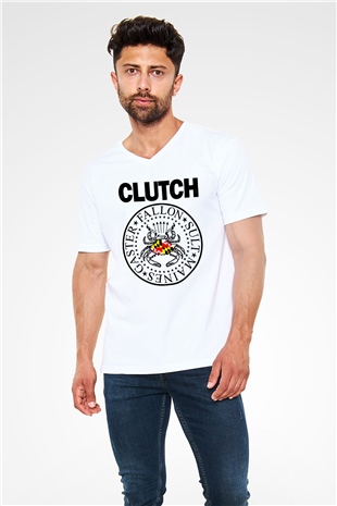 Clutch Beyaz Unisex V Yaka Tişört