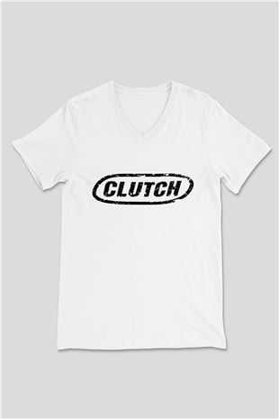 Clutch Beyaz Unisex V Yaka Tişört T-Shirt
