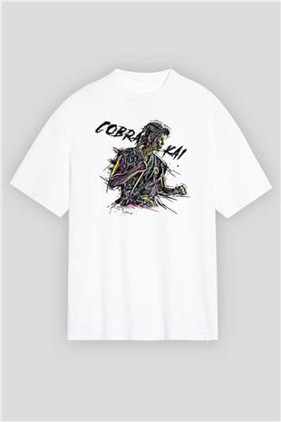 Cobra Kai Baskılı Beyaz Unisex Oversize Tişört - Tshirt