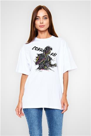 Cobra Kai Baskılı Beyaz Unisex Oversize Tişört - Tshirt