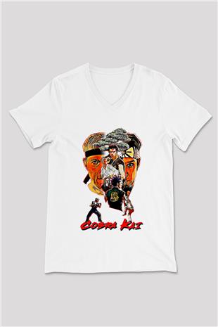 Cobra Kai Baskılı Beyaz Unisex V Yaka Tişört - Tshirt