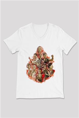 Cobra Kai Baskılı Beyaz Unisex V Yaka Tişört - Tshirt