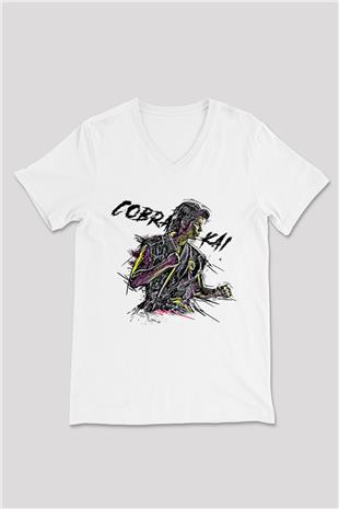 Cobra Kai Baskılı Beyaz Unisex V Yaka Tişört - Tshirt