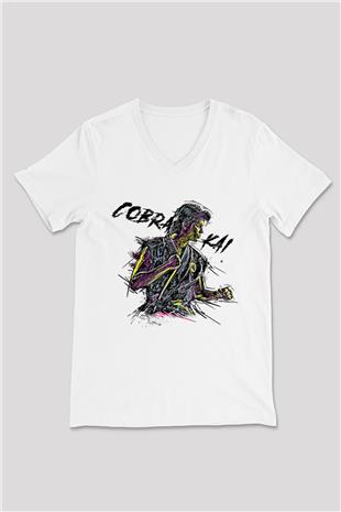 Cobra Kai Baskılı Beyaz Unisex V Yaka Tişört - Tshirt