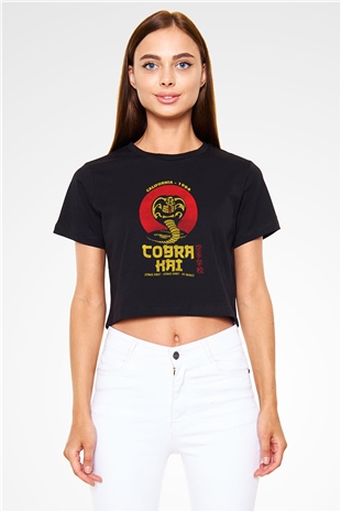 Cobra Kai Baskılı Siyah Crop Top Kadın Tişört - Tshirt