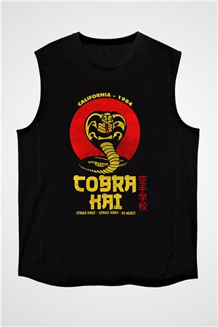 Cobra Kai Baskılı Unisex Siyah Kolsuz Tişört - Tshirt