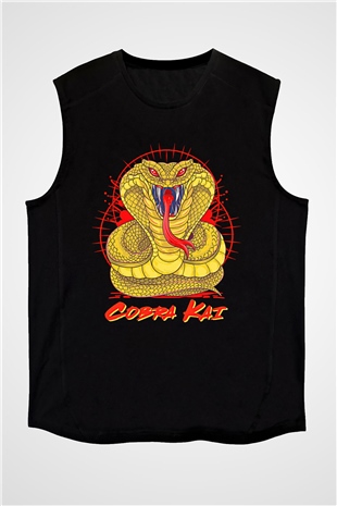 Cobra Kai Baskılı Unisex Siyah Kolsuz Tişört - Tshirt