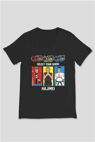 Cobra Kai Baskılı Unisex Siyah V Yaka Tişört - Tshirt