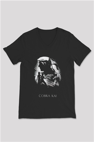 Cobra Kai Baskılı Unisex Siyah V Yaka Tişört - Tshirt