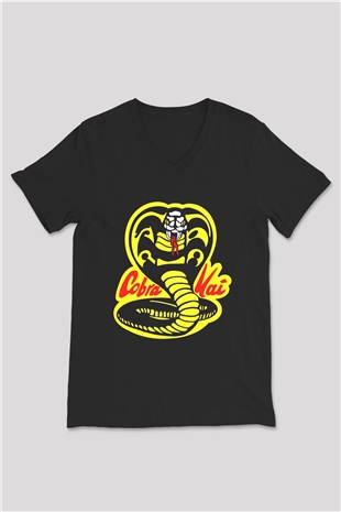Cobra Kai Baskılı Unisex Siyah V Yaka Tişört - Tshirt