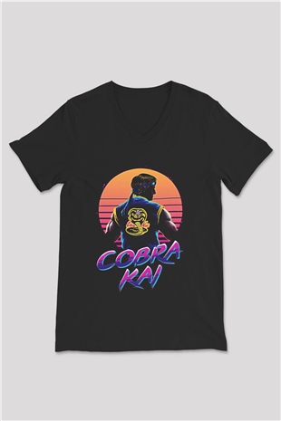 Cobra Kai Baskılı Unisex Siyah V Yaka Tişört - Tshirt