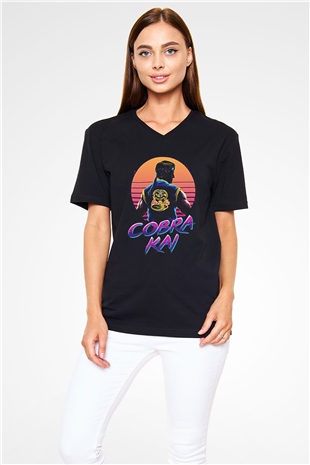 Cobra Kai Baskılı Unisex Siyah V Yaka Tişört - Tshirt