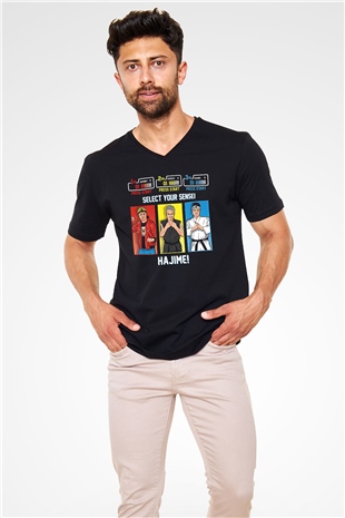 Cobra Kai Baskılı Unisex Siyah V Yaka Tişört - Tshirt